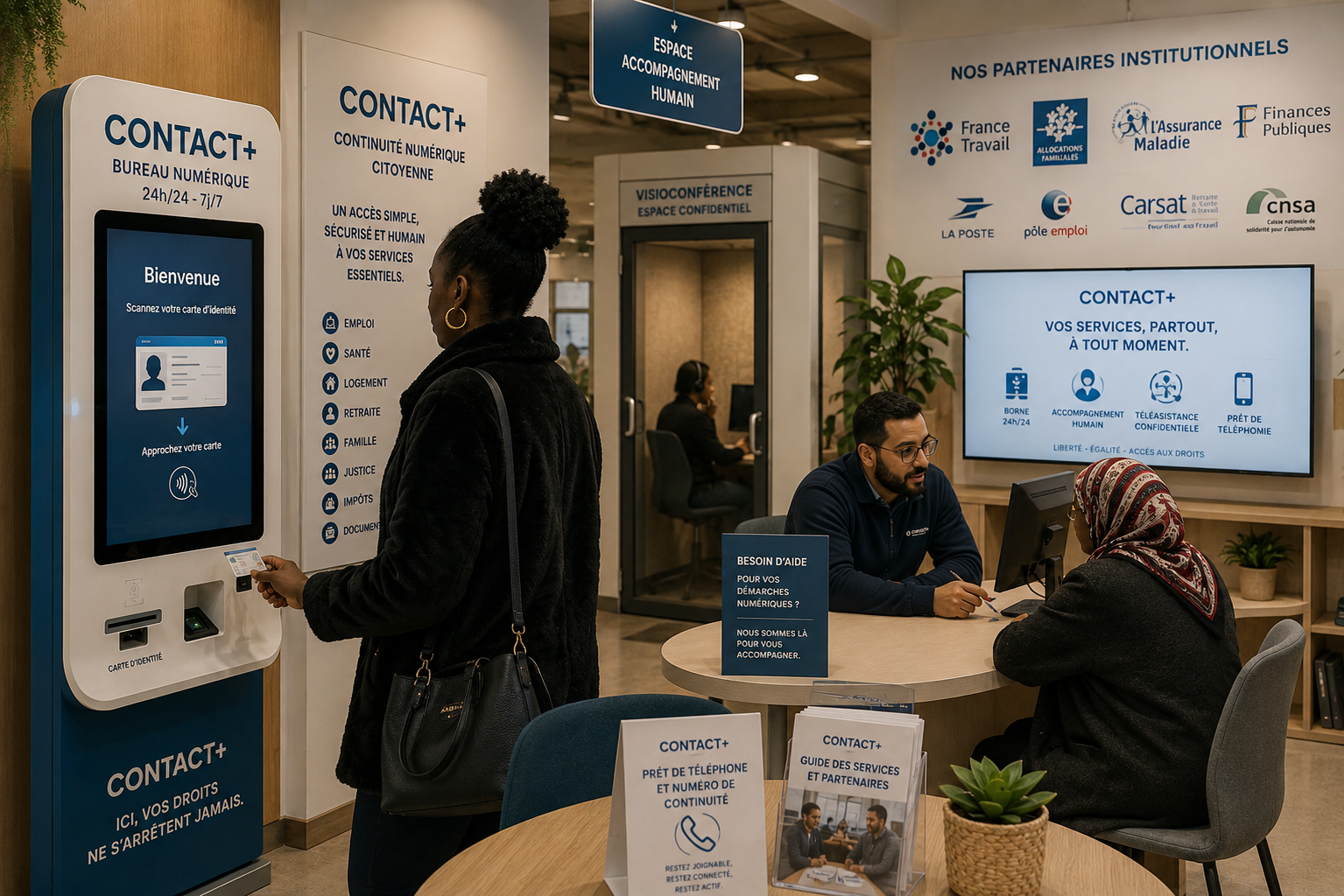 Espace CONTACT+ : une usagère s’identifie sur la borne numérique tandis qu’un médiateur accompagne une autre personne, avec les partenaires institutionnels affichés au mur.